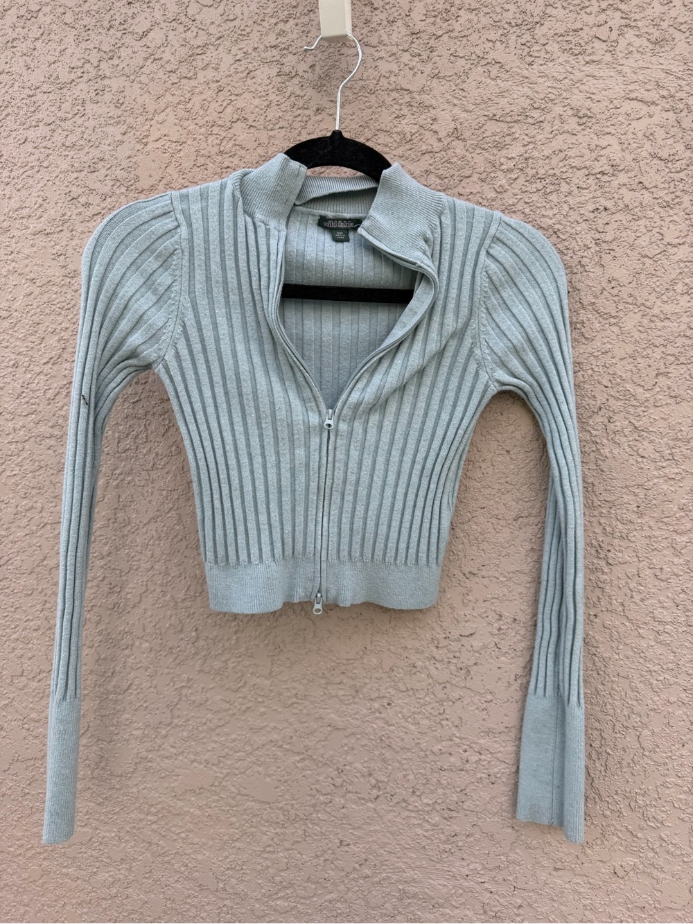 wild fable Light Gray Ribbed Zip-Up Fitted Cardigan